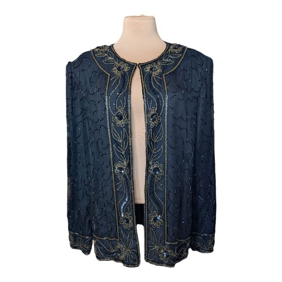 JMD New York Black Sequin Beaded Silk Elegant Dinner Evening Jacket Size Large - Picture 1 of 10